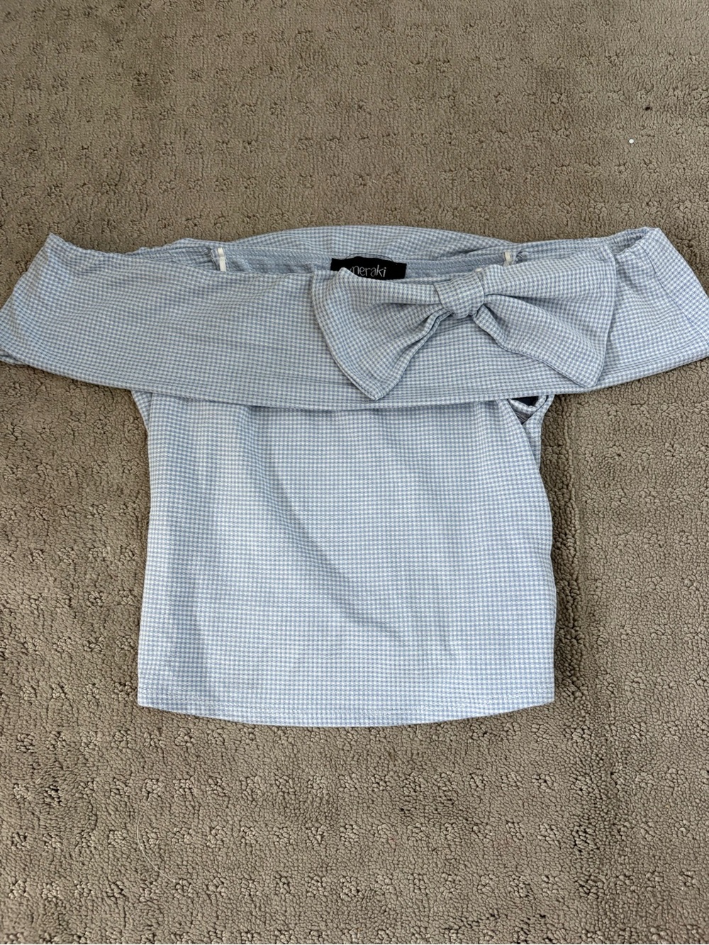 meraki Light Blue Gingham Off-Shoulder Bow Camisole